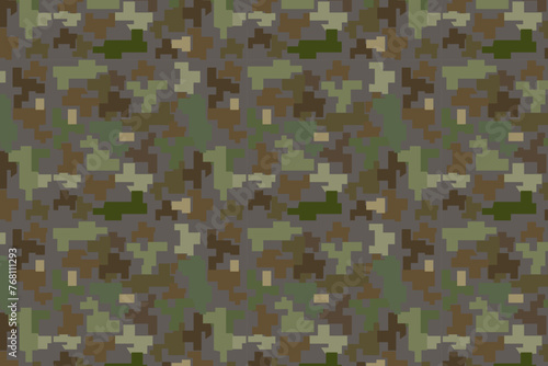 Seamless camouflage print. Pixels. Green brown black olive color forest texture. Paint for fabric and fashion textiles. Camouflage background.