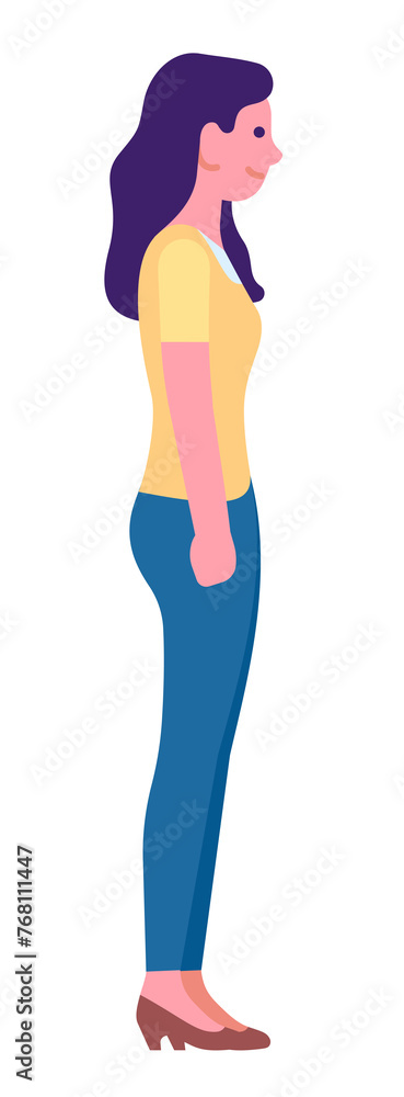 Female character side view. Cartoon woman standing Female character side view. Cartoon woman standing