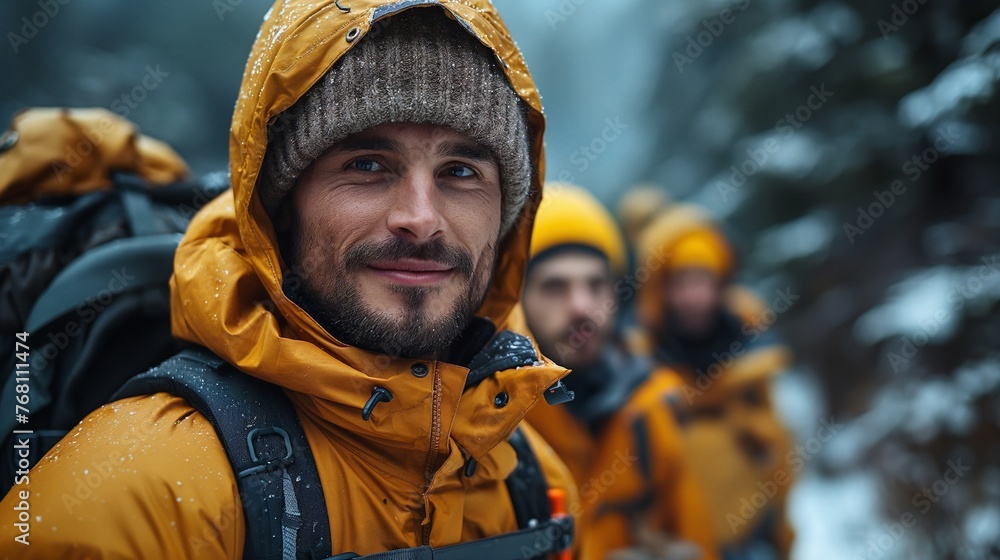Group of male hikers on the mountain, medium shot, smiling, forest background. Group of male hikers on the mountain, medium shot, smiling, forest background.