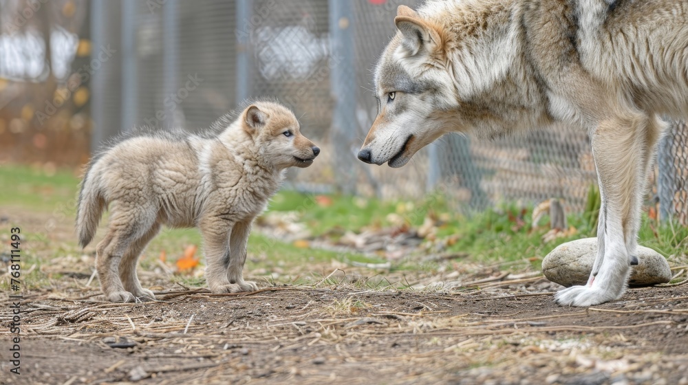 Fototapeta premium Male wolf and cub portrait with abundant space for text, object positioned on the right side
