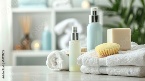 Spa Background : Toiletries, soap, towels, creams and lotions on blurred white bathroom