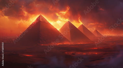 Several pyramids stand tall in the vast desert landscape under a dark sky