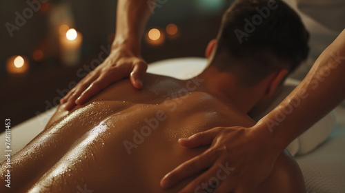man lying face down on a massage table receiving a back massage from a massage therapist at a spa