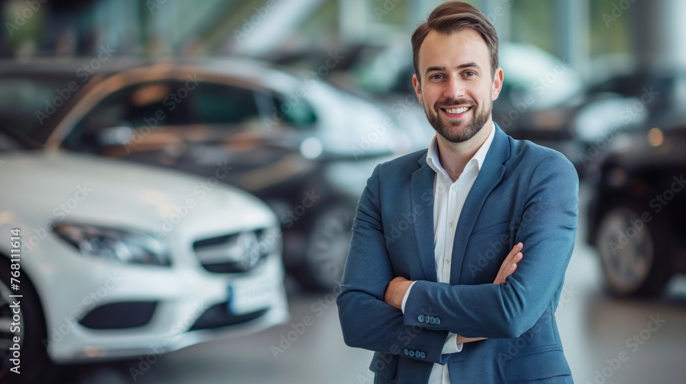 A smiling man manager in a suit with arms crossed stands confidently in a car dealership showroom