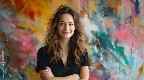 Confident young woman with long brown hair standing in front of an abstract painting with bright colors.