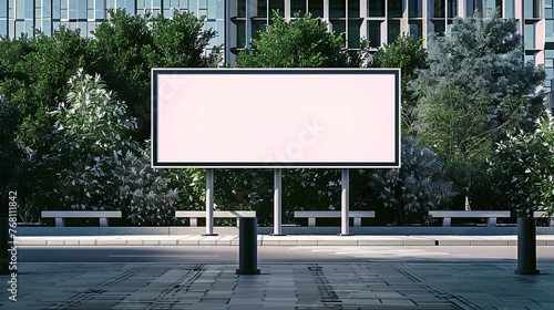 A large blank billboard stands on a busy street in front of modern buildings.