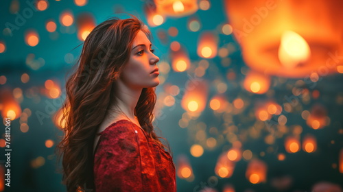 Young woman on background flying lanterns, back, oil lamp light, festival of lights celebration © Mars0hod