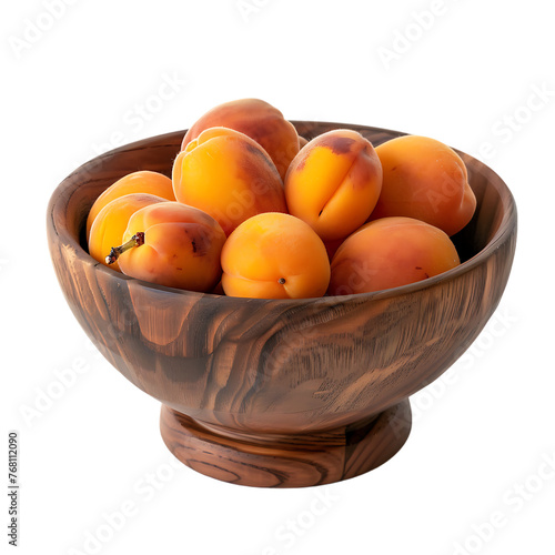 Wooden bowl with fresh apricots on white background