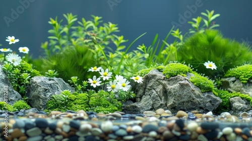 Tranquil spring forest with mossy rocks and wildflowers nature background with copy space
