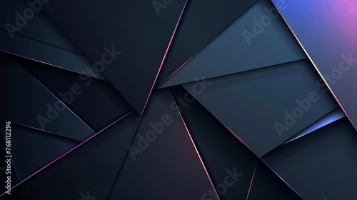 Abstract dark blue geometric background with glowing pink and blue neon lines.