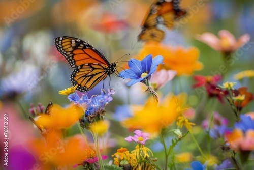 A Symphony of Colors: A Lush Butterfly Garden in a Public Park Brimming with Native Wildflowers and Fluttering with Diverse Butterfly Species