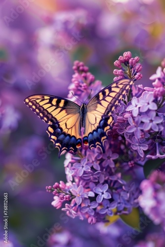 A Delicate Dance of Nature: A Vibrant Butterfly Gently Rests Upon the Fragrant Blossoms of a Blooming Lilac Bush in Spring