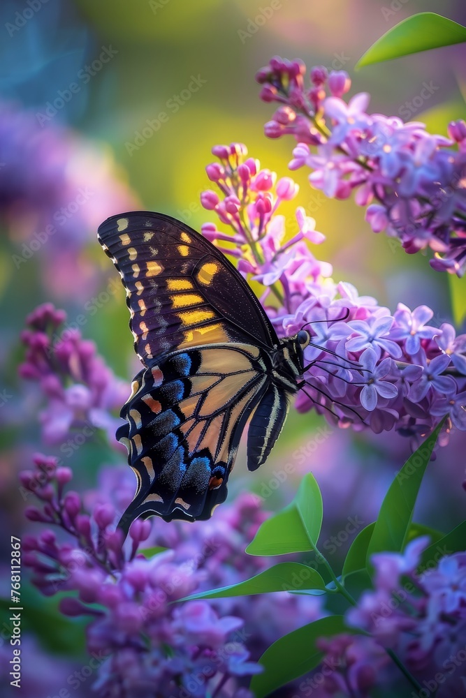 A Springtime Marvel: Witnessing the Graceful Rest of a Butterfly on a Flourishing Lilac Bush A Springtime Marvel: Witnessing the Graceful Rest of a Butterfly on a Flourishing Lilac Bush