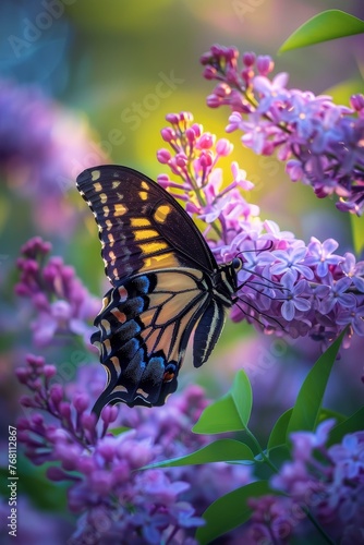 A Springtime Marvel: Witnessing the Graceful Rest of a Butterfly on a Flourishing Lilac Bush © aicandy