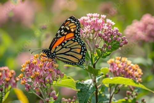 A Majestic Monarch Butterfly Gracefully Perches on the Vibrant Blossoms of a Milkweed Flower, Signifying the Arrival of Spring © aicandy