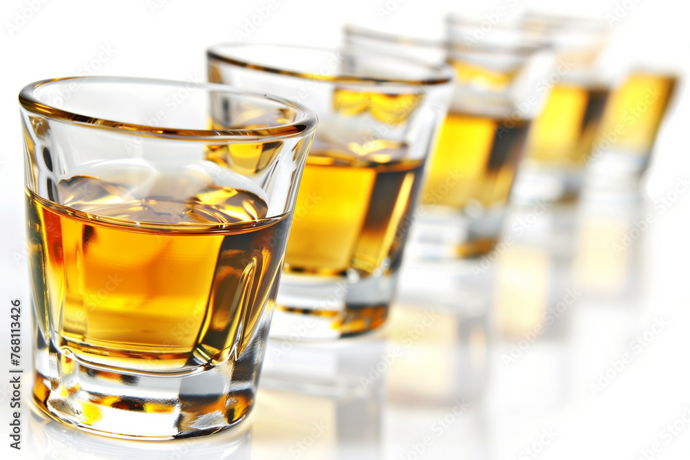 A line of Whiskey in shot glasses on a white background A line of Whiskey in shot glasses on a white background