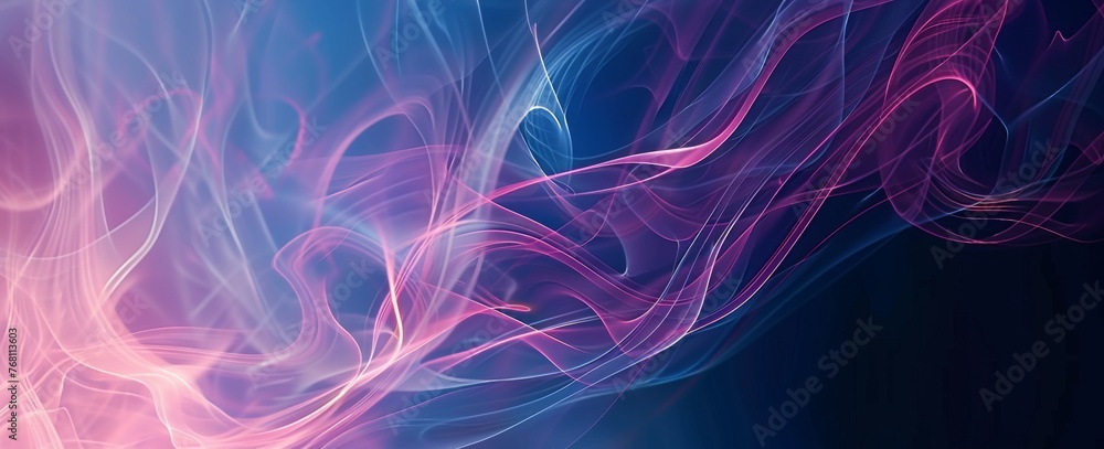 Neon waves of light create a cosmic flow over a digital silk texture, blending blue and magenta in a radiant, flowing abstract. - obrazy, fototapety, plakaty 
