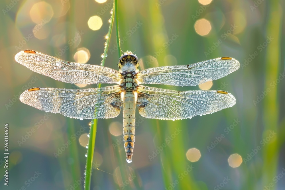 Morning Serenity: A Dragonfly's Gentle Repose on a Dew-Soaked Reed Amidst Spring's Awakening Morning Serenity: A Dragonfly's Gentle Repose on a Dew-Soaked Reed Amidst Spring's Awakening