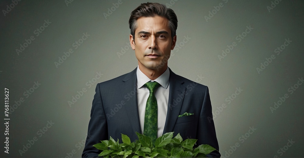 Suit-clad businessman dons a tie of green leaves, signaling a commitment to sustainability and eco-consciousness in business endeavors Suit-clad businessman dons a tie of green leaves, signaling a commitment to sustainability and eco-consciousness in business endeavors