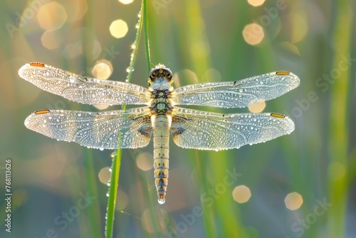 Morning Serenity: A Dragonfly's Gentle Repose on a Dew-Soaked Reed Amidst Spring's Awakening