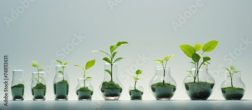 A straight row of clear glass vases filled with various green plants, positioned orderly. The plants are thriving in their enclosed environment, contributing to a sustainable business investment in