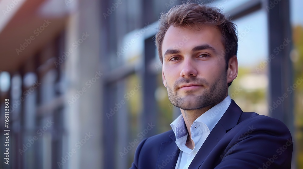 Confident young professional in a suit standing in front of an office building. Confident young professional in a suit standing in front of an office building.