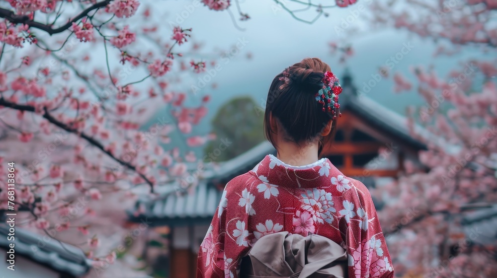 Traveler in scenic cherry blossom garden, sakura in Japan 
