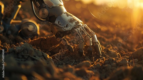 Robotic arm, soil preparation, seed insertion, medium shot, earthy textures, early morning, beginning of growth