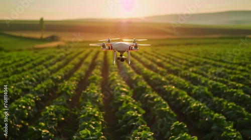 Drone robot scattering seeds, aerial view, vast fields, dynamic angle, innovative sowing, bright afternoon