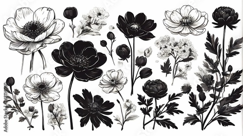 Set of hand drawn spring flowers. Black brush flower silhouette. Ink drawing wild plants, herbs or flowers, monochrome botanical illustration. Anemone, peony, chrysanthemum isolated cliparts photo