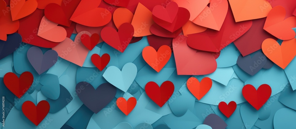 A collection of red and blue heart shapes set against a blue background. The hearts are arranged in a group, creating a vibrant and colorful display that stands out against the backdrop. A collection of red and blue heart shapes set against a blue background. The hearts are arranged in a group, creating a vibrant and colorful display that stands out against the backdrop.