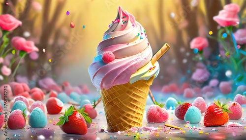 animated, colorful, happy ice cream with wonderful background, ice cream eaten by a cat, landscape with beautiful light, vacation, sea, ocean, heat, juice, dessert, children