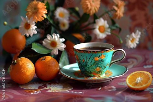 a teacup and saucer with oranges next to a bouquet of flowers