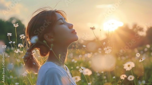Thoughtful young woman enjoying the beauty of nature in a chamomile field at sunset. photo