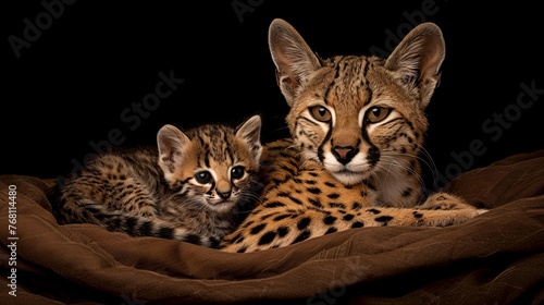 Geoffroy s cat and kitten portrait with unoccupied space for text, object placed nearby