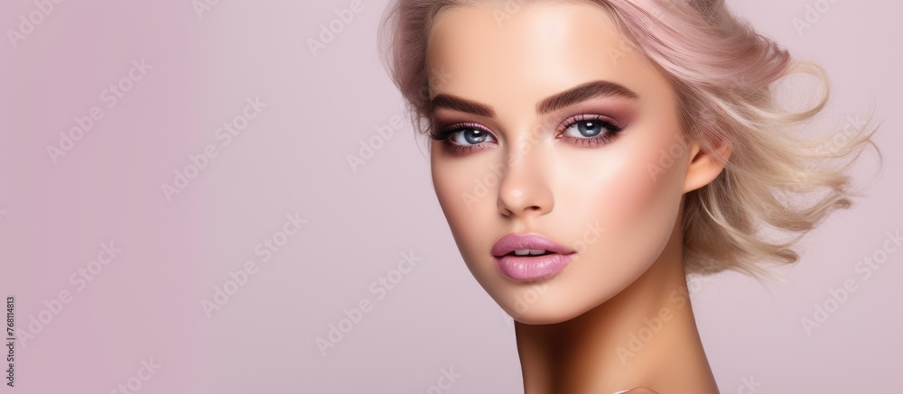 Fototapeta premium A young woman with blonde hair and fashionable makeup gazes directly at the camera in a studio setting against a white background. Her striking appearance is highlighted by her well-done makeup.
