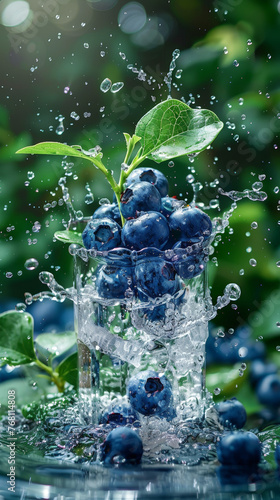 Splash of Freshness: Blueberries Dropping into Water with Dynamic Splash
