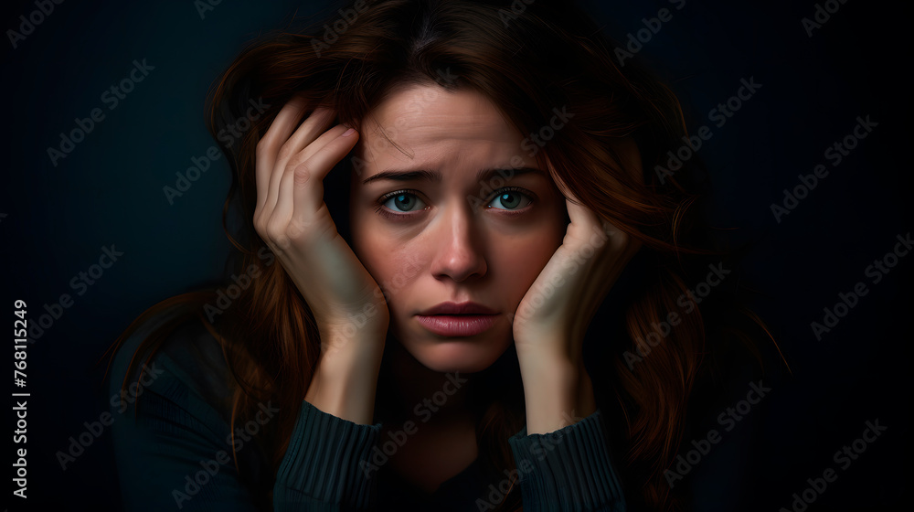 woman with a worried face, worried woman with her hands on her head