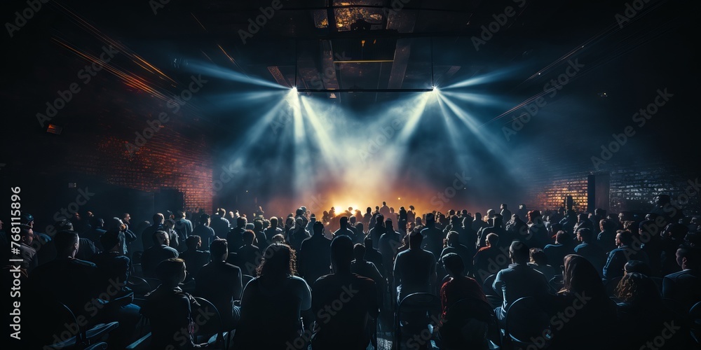 A view from the back rows of a busy boxing arena during a sporting event as a light show illuminates the room.
Concept: mass events, sports competitions and public interaction. - obrazy, fototapety, plakaty 
