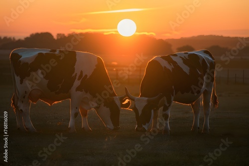 Sunset serenity Cows graze one gazes sun kissed horns gleam