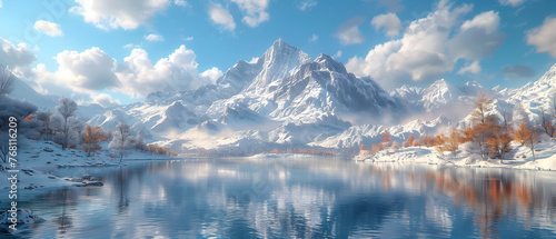 64k, 8k widescreen, wallpaper, amazing lanscape scene, Serene winter landscape with a crystal-clear lake reflecting snow-capped mountains under a bright blue sky