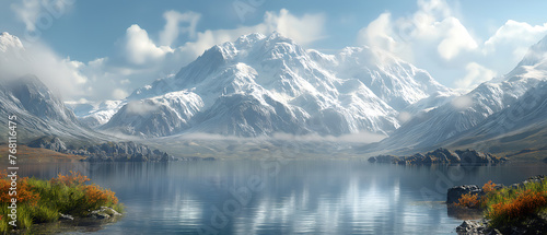 64k, 8k widescreen, wallpaper, amazing lanscape scene, Serene winter landscape with a crystal-clear lake reflecting snow-capped mountains under a bright blue sky © SJarkCube