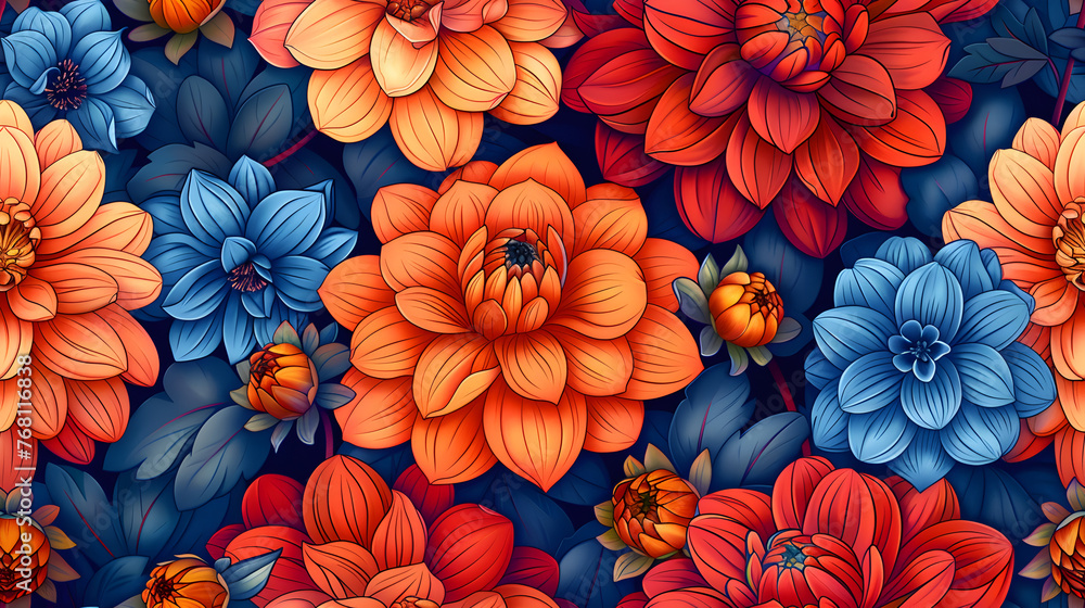 Hand-Drawn Dahlia Flowers Seamless Pattern Hand-Drawn Dahlia Flowers Seamless Pattern