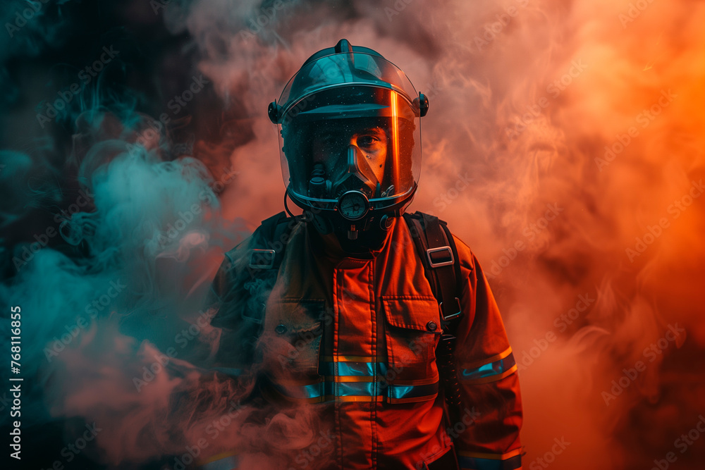 Determined Firefighter: Frontal Portrait of Fireman with Protective Helmet and Gas Mask in Dramatic and Smoky Ambiance Determined Firefighter: Frontal Portrait of Fireman with Protective Helmet and Gas Mask in Dramatic and Smoky Ambiance