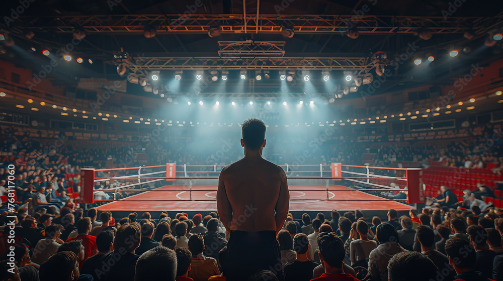 A boxer, focused on the upcoming fight, stands at the ring.
Concept: motivational sports posters and fitness applications. Strength of spirit, discipline and endurance. - obrazy, fototapety, plakaty 