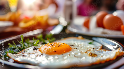 prato de ovo frito em um mesa no fundo desfocado