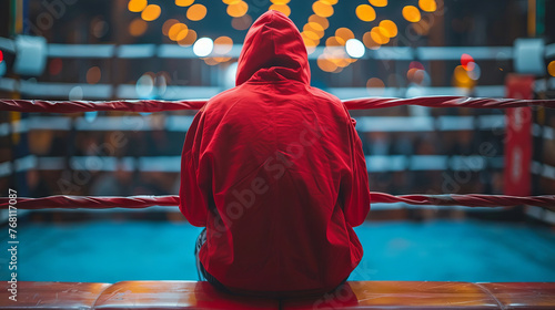A boxer, focused on the upcoming fight, stands at the ring.
Concept: motivational sports posters and fitness applications. Strength of spirit, discipline and endurance.