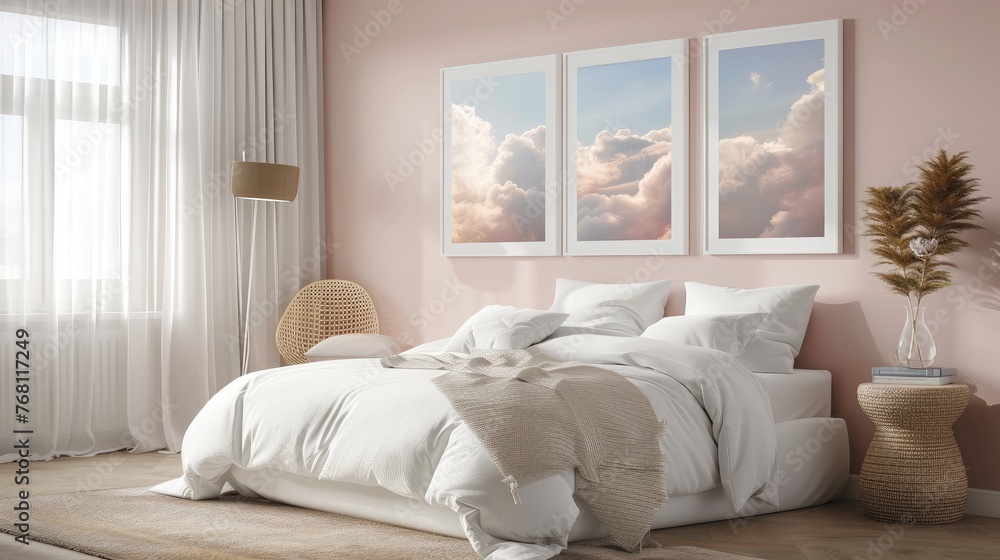 A cozy bedroom with white frame mockups featuring dreamy cloud photography. A cozy bedroom with white frame mockups featuring dreamy cloud photography.