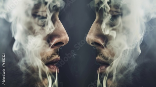 A man's double reflection with swirling smoke captures a powerful moment of self-reflection, symbolizing internal conflict and complexity photo
