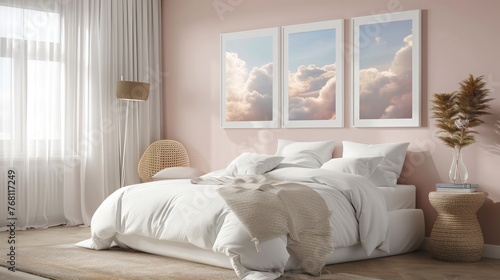 A cozy bedroom with white frame mockups featuring dreamy cloud photography.